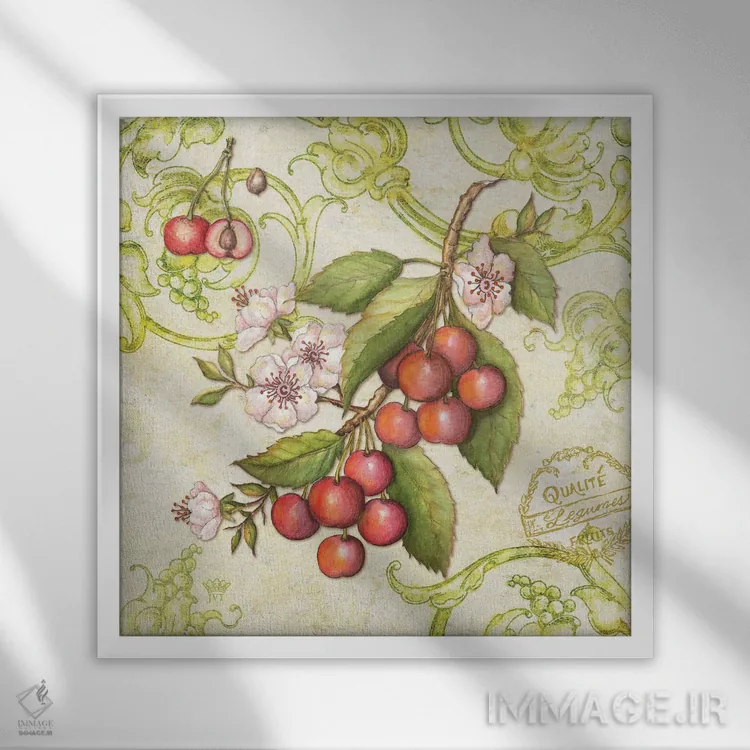 تابلو دکوراتیو گیلاس بازار کشاورزان اثر جکی ون توبل - نمای قابدار سفید