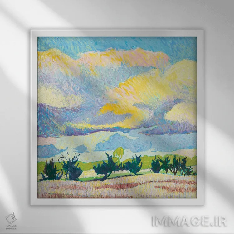 تابلو دکوراتیو رژه در باغ میوه اثر جاستین شال - نمای قابدار سفید