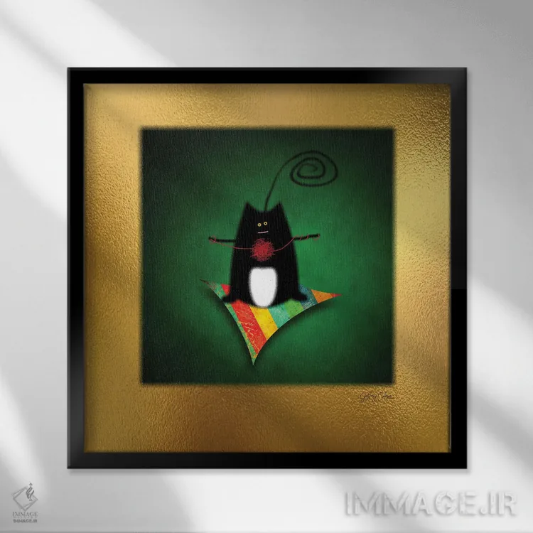 تابلو دکوراتیو گربه با کاموا اثر جفری کولیسون - نمای قابدار مشکی