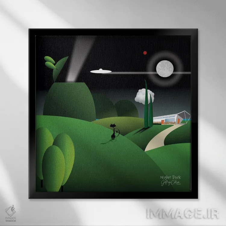 تابلو دکوراتیو اسکله شبانه اثر جفری کولیسون - نمای قابدار مشکی