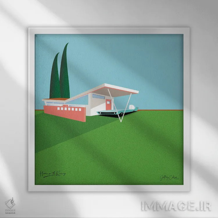 تابلو مینیمال خانه در مراتع اثر جفری کولیسون - نمای قابدار سفید