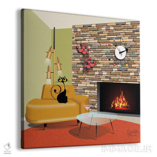 تابلو مدرن گربه کنار شومینه اثر جفری کولیسون - نمای پرسپکتیو محصول