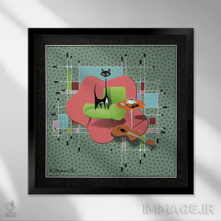 تابلو مدرن گربه نوازنده بلوز اثر جفری کولیسون - نمای قابدار مشکی