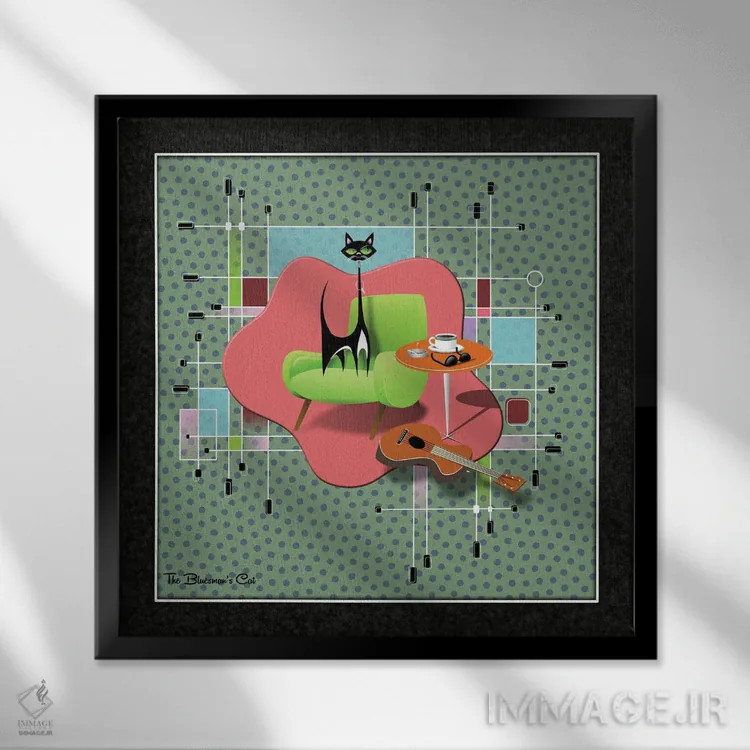 تابلو مدرن گربه نوازنده بلوز اثر جفری کولیسون - نمای قابدار مشکی