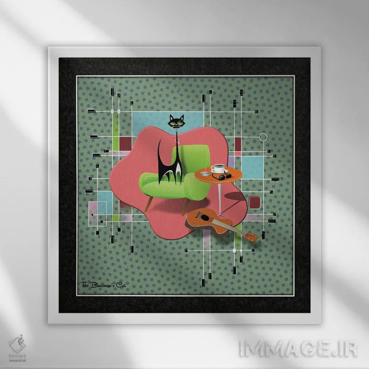 تابلو مدرن گربه نوازنده بلوز اثر جفری کولیسون - نمای قابدار سفید