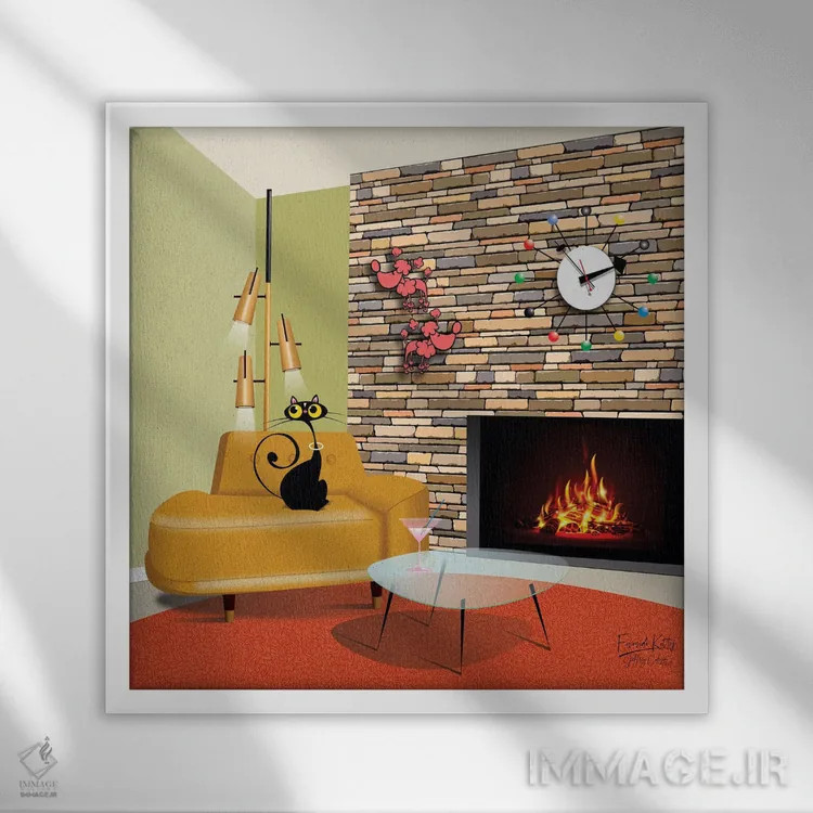 تابلو مدرن گربه کنار شومینه اثر جفری کولیسون - نمای قابدار سفید