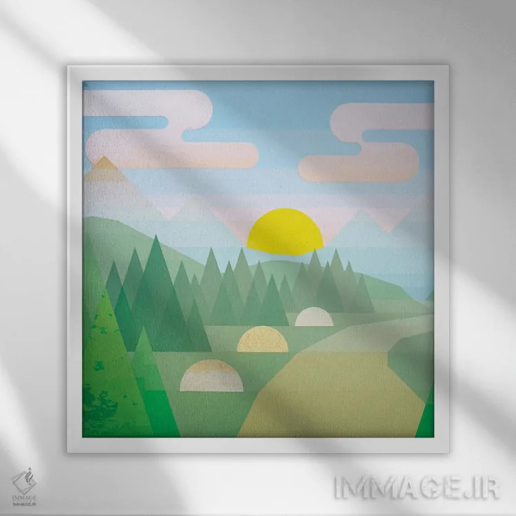 تابلو انتزاعی طلوع خورشید در جنگل ۱ اثر جون یونگجین - نمای قابدار سفید
