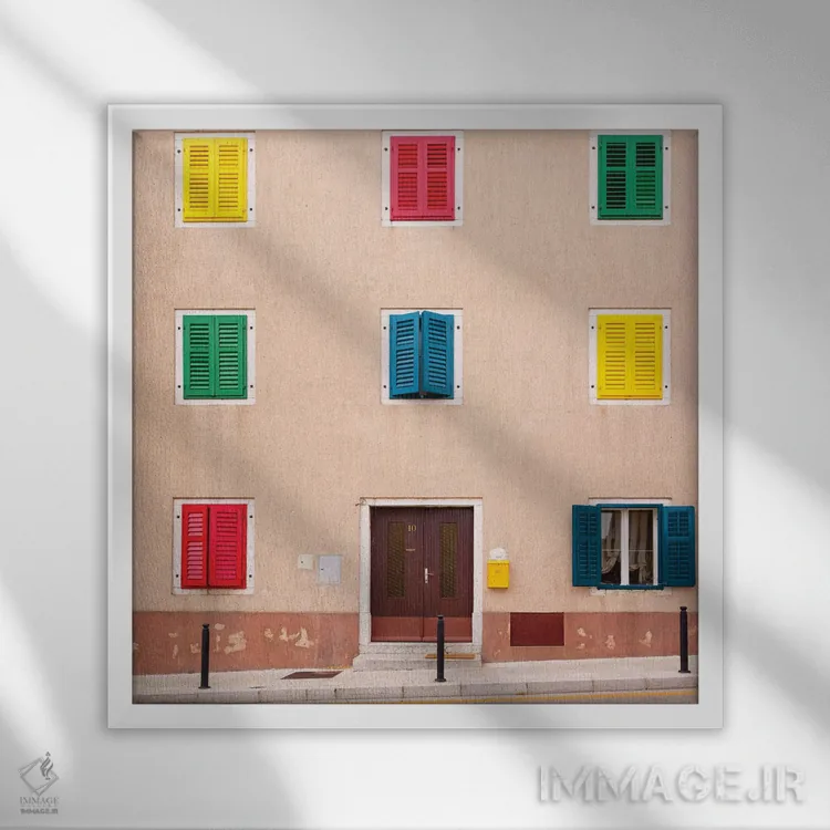 تابلو دکوراتیو Vrsar. Building with colorful shutters.,کرواسی، ورسار. ساختم… اثر جینز گالری - نمای قابدار سفید