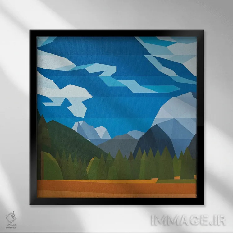 تابلو انتزاعی آسمان آبی در جنگل اثر جون یونگجین - نمای قابدار مشکی