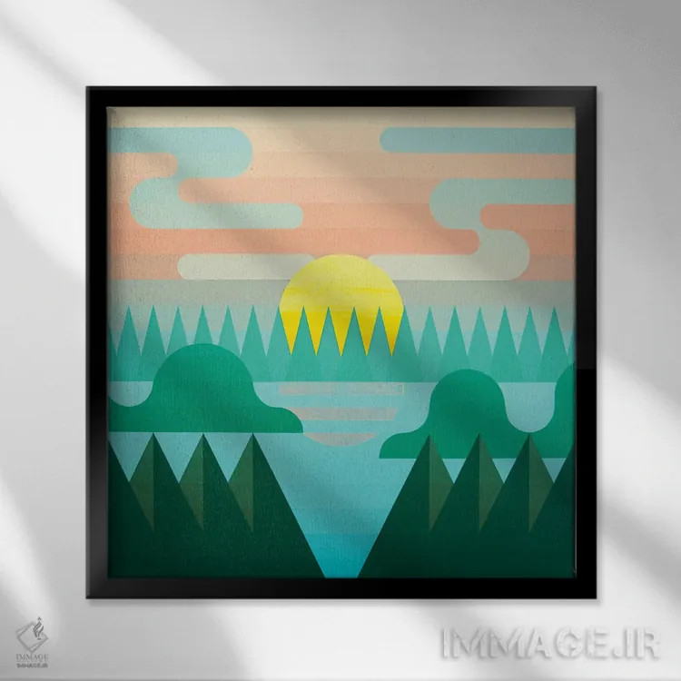 تابلو انتزاعی طلوع خورشید در جنگل ۲ اثر جون یونگجین - نمای قابدار مشکی