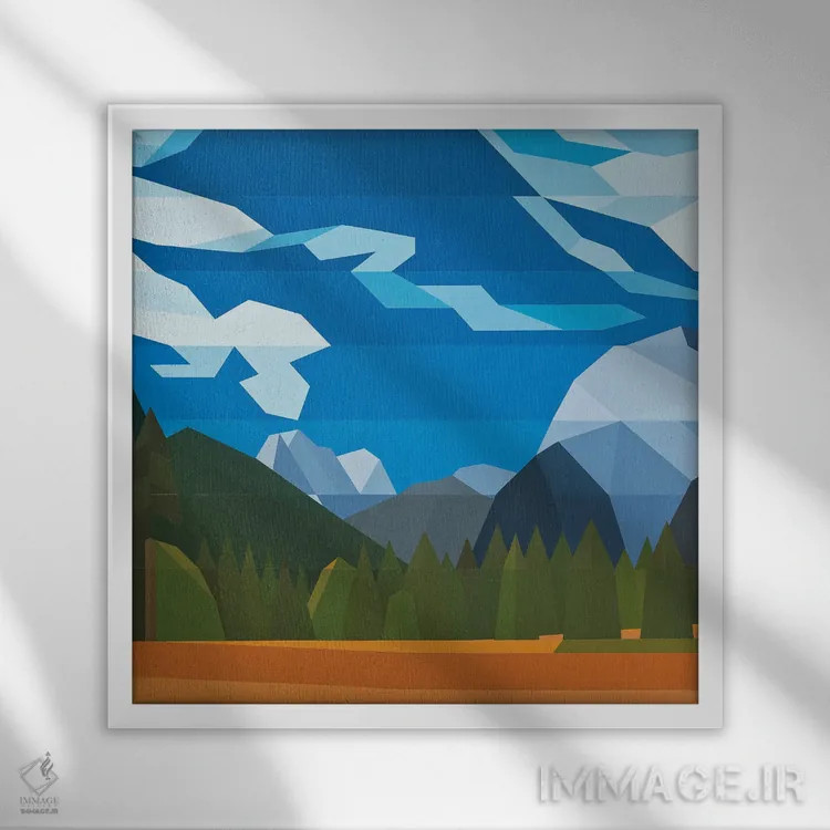 تابلو انتزاعی آسمان آبی در جنگل اثر جون یونگجین - نمای قابدار سفید