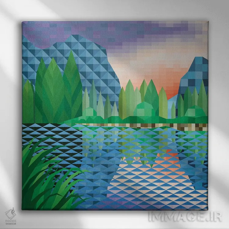 تابلو مینیمال غروب کنار دریاچه اثر جون یونگجین - نمای روبهرو روی دیوار