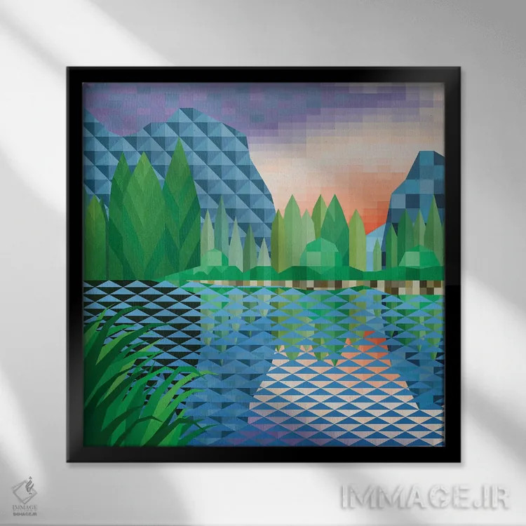 تابلو مینیمال غروب کنار دریاچه اثر جون یونگجین - نمای قابدار مشکی