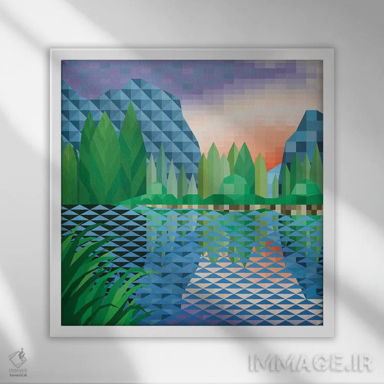 تابلو مینیمال غروب کنار دریاچه اثر جون یونگجین - نمای قابدار سفید