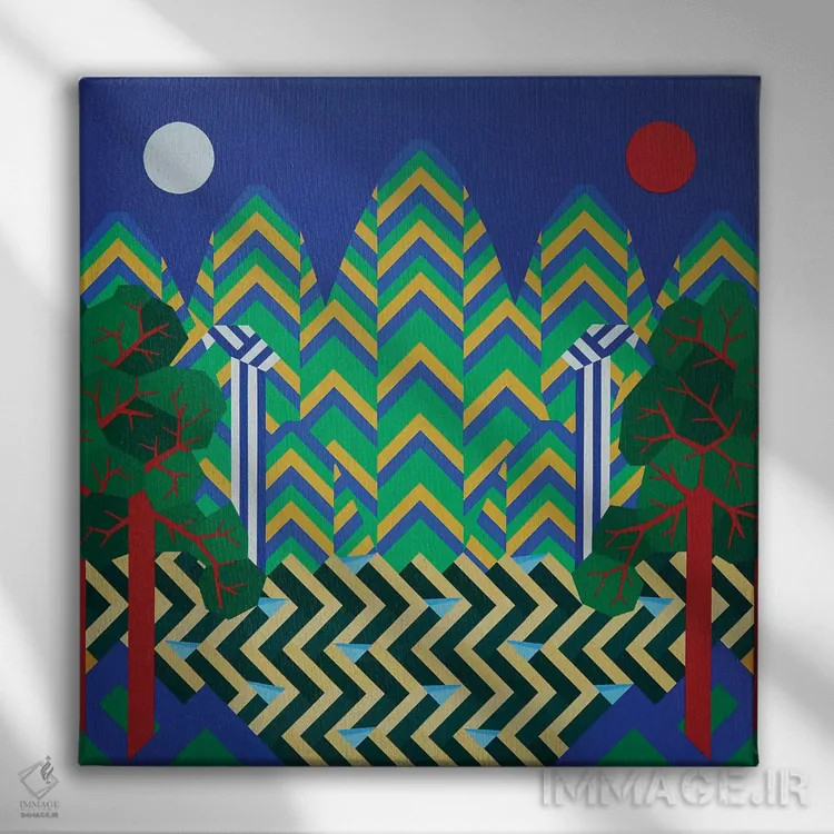 تابلو مینیمال خورشید و ماه و پنج قله اثر جون یونگجین - نمای روبهرو روی دیوار