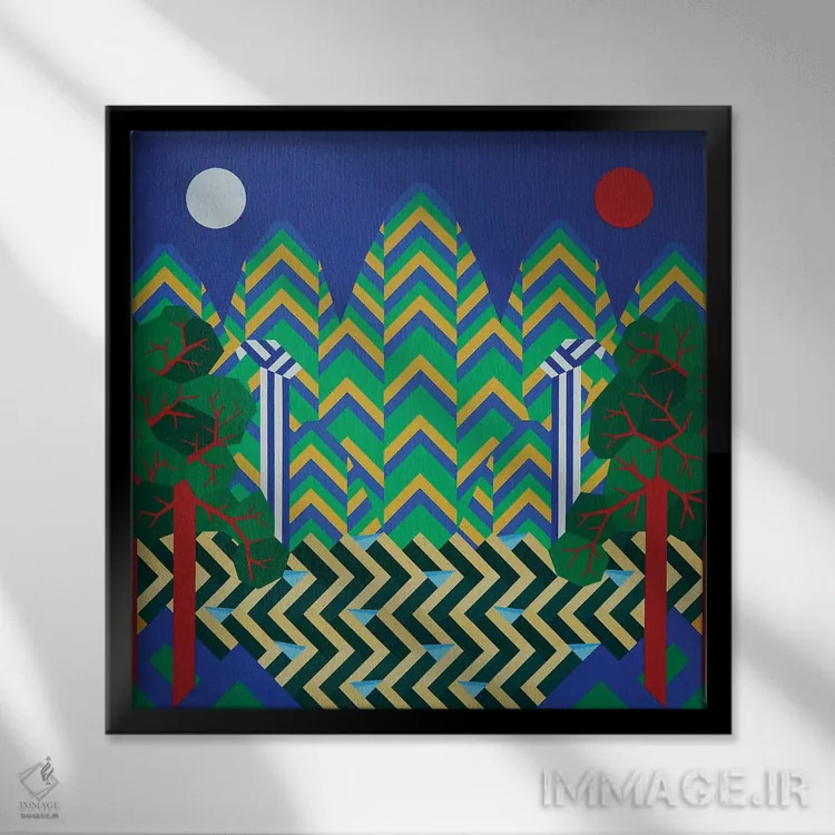 تابلو مینیمال خورشید و ماه و پنج قله اثر جون یونگجین - نمای قابدار مشکی