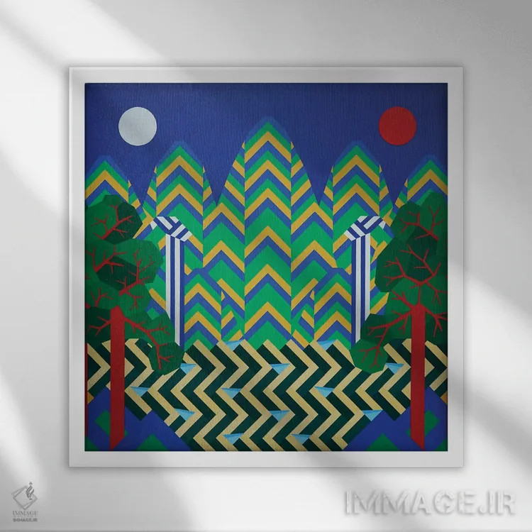 تابلو مینیمال خورشید و ماه و پنج قله اثر جون یونگجین - نمای قابدار سفید