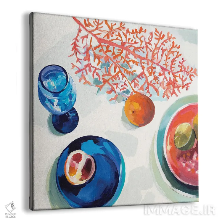 تابلو دکوراتیو ظروف آشپزخانه مرجانی و آبی اثر جنی وستنهوفر - نمای پرسپکتیو محصول