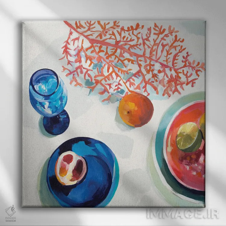 تابلو دکوراتیو ظروف آشپزخانه مرجانی و آبی اثر جنی وستنهوفر - نمای روبهرو روی دیوار