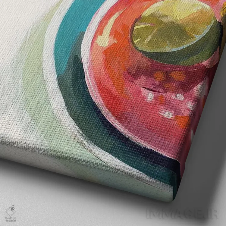 تابلو دکوراتیو ظروف آشپزخانه مرجانی و آبی اثر جنی وستنهوفر - نمای نزدیک بافت بوم