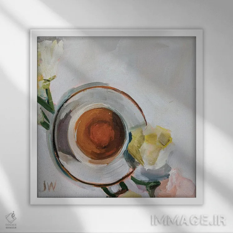 تابلو دکوراتیو گل ها و چای اثر جنی وستنهوفر - نمای قابدار سفید
