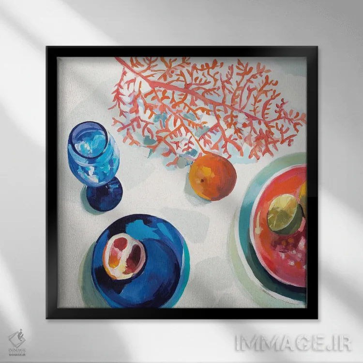 تابلو دکوراتیو ظروف آشپزخانه مرجانی و آبی اثر جنی وستنهوفر - نمای قابدار مشکی