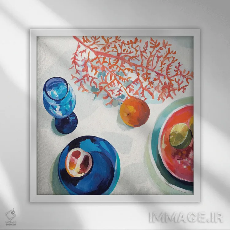 تابلو دکوراتیو ظروف آشپزخانه مرجانی و آبی اثر جنی وستنهوفر - نمای قابدار سفید