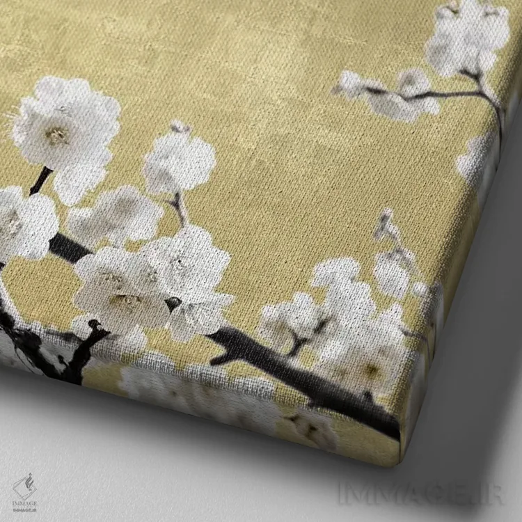 تابلو دکوراتیو شکوفه ها بر زمینه طلایی I اثر کیت بنت - نمای نزدیک بافت بوم