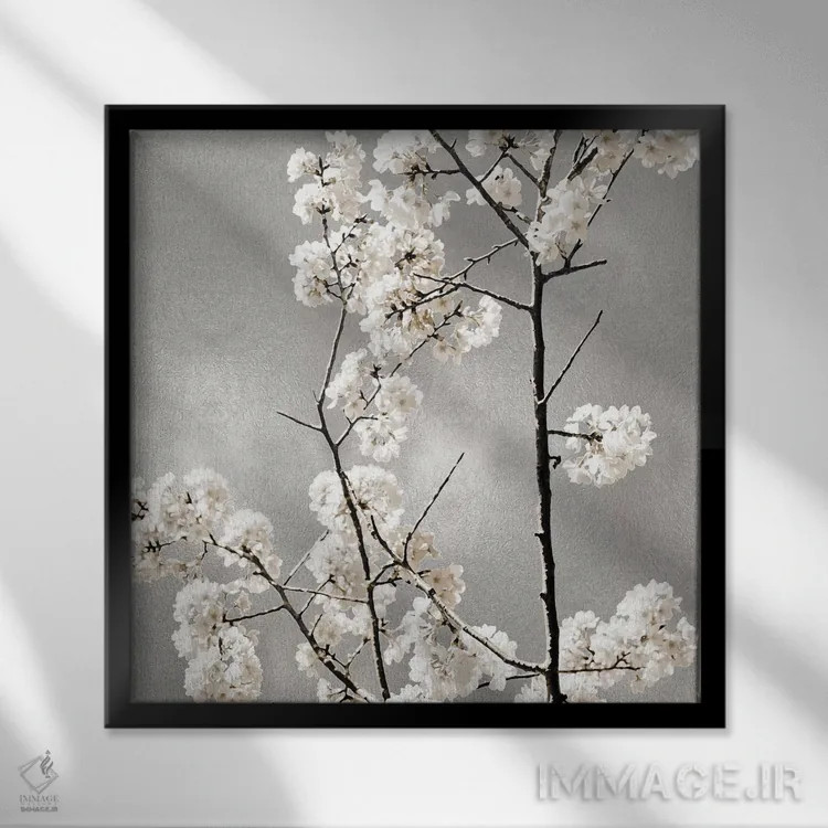 تابلو دکوراتیو شکوفه های نقره ای II اثر کیت بنت - نمای قابدار مشکی