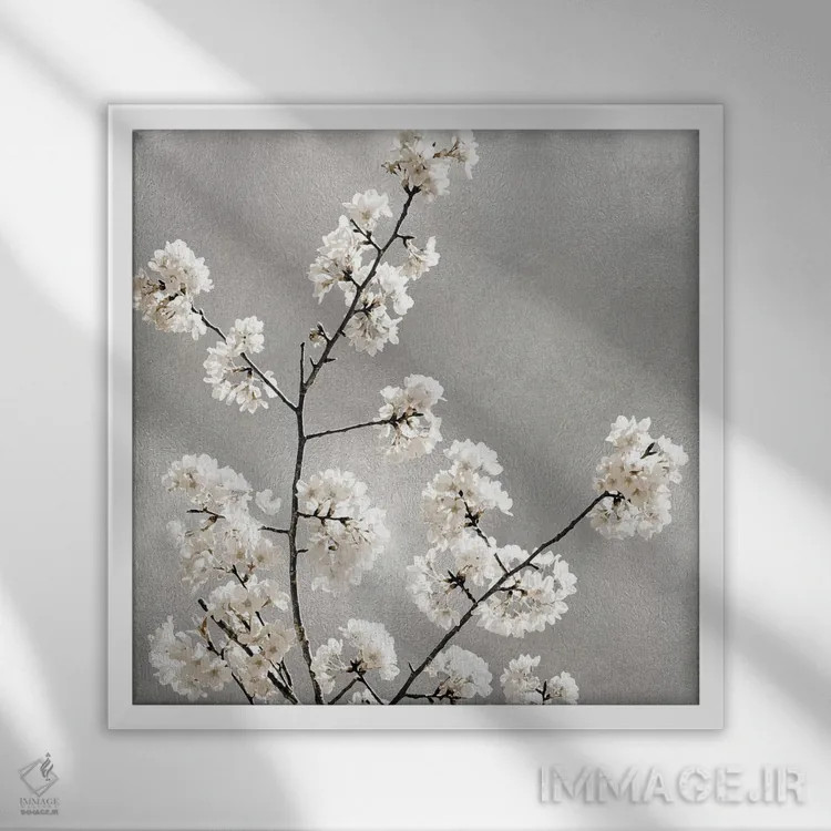 تابلو دکوراتیو شکوفه های نقره ای I اثر کیت بنت - نمای قابدار سفید