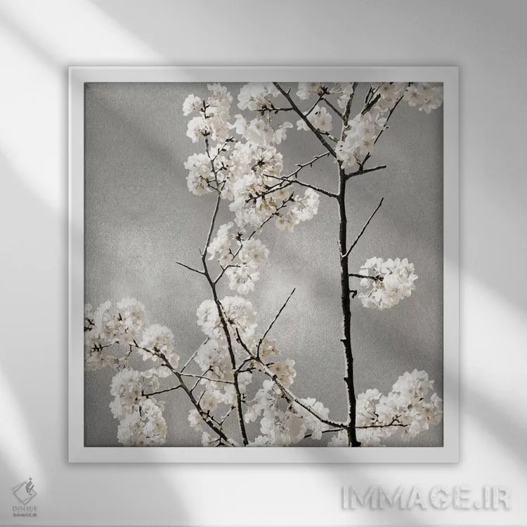 تابلو دکوراتیو شکوفه های نقره ای II اثر کیت بنت - نمای قابدار سفید