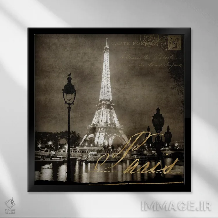تابلو دکوراتیو پاریس شبانه با رنگ سپیا اثر کیت کاریگان - نمای قابدار مشکی