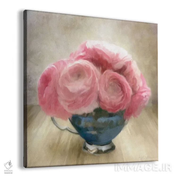 تابلو مدرن گل های رز جشن یوبیلی در فنجان چینی آبی اثر کاترینا جونز - نمای پرسپکتیو محصول
