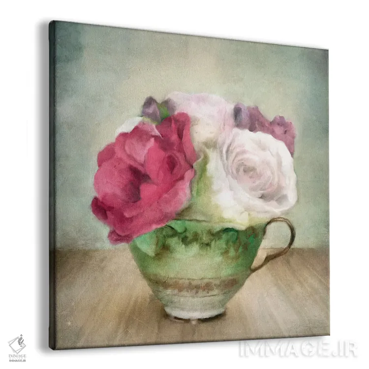 تابلو مدرن گل رز در فنجان چای چینی سبز اثر کاترینا جونز - نمای پرسپکتیو محصول