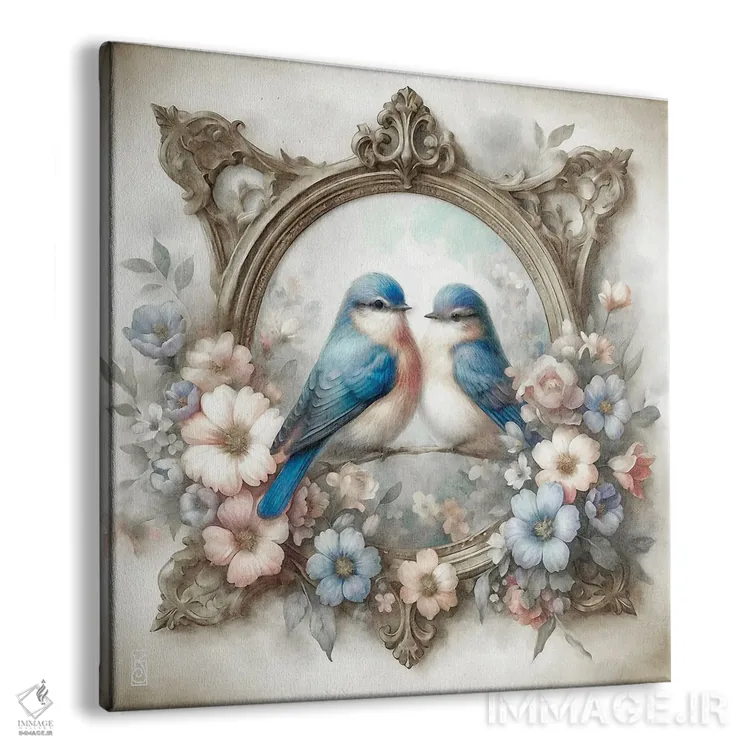 تابلو دکوراتیو پرندگان آبی و گل های کلبه اثر کاترینا جونز - نمای پرسپکتیو محصول