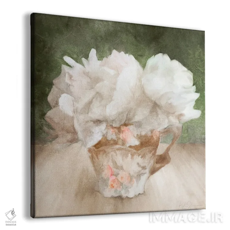 تابلو مدرن گل های سفید پرچین در فنجان چینی اثر کاترینا جونز - نمای پرسپکتیو محصول