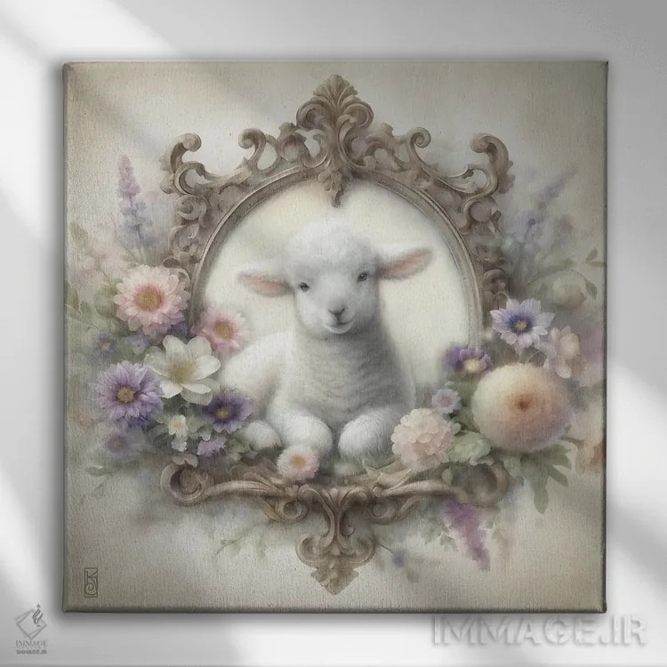 تابلو دکوراتیو بره و گل های کلبه اثر کاترینا جونز - نمای روبهرو روی دیوار