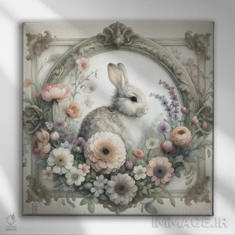 تابلو دکوراتیو خرگوش و گل های کلبه اثر کاترینا جونز - نمای روبهرو روی دیوار