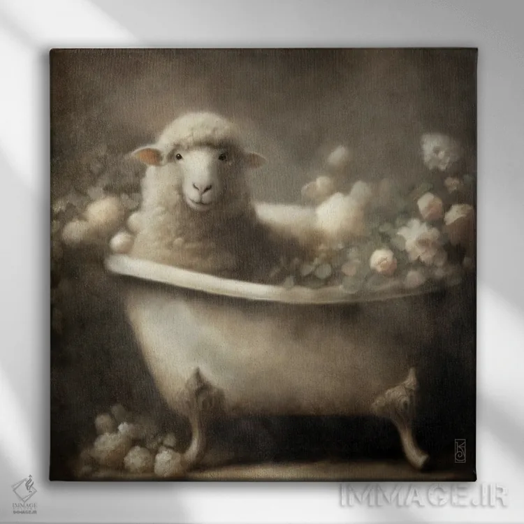 تابلو دکوراتیو گوسفند زیبای در حال حمام اثر کاترینا جونز - نمای روبهرو روی دیوار