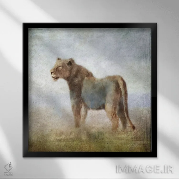 تابلو دکوراتیو شیر ماده مجموعه سرنگتی اثر کاترینا جونز - نمای قابدار مشکی