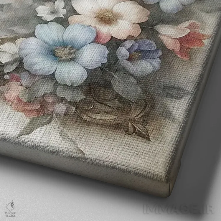 تابلو دکوراتیو پرندگان آبی و گل های کلبه اثر کاترینا جونز - نمای نزدیک بافت بوم