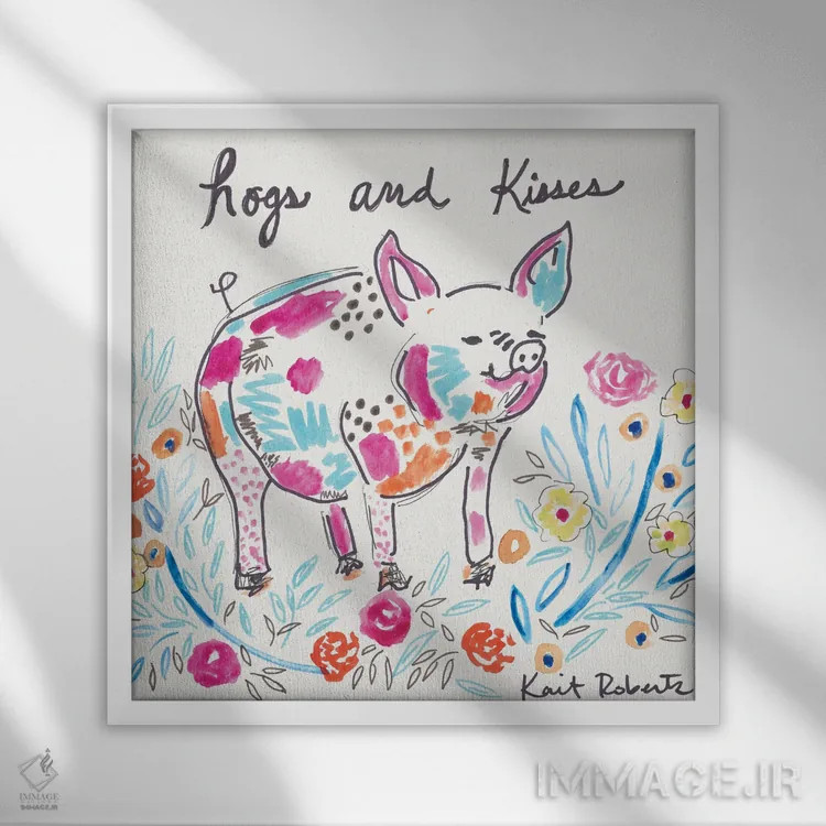 تابلو دکوراتیو بوسه ها و خوک ها اثر کیت رابرتس - نمای قابدار سفید