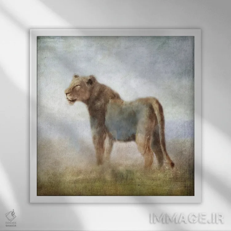 تابلو دکوراتیو شیر ماده مجموعه سرنگتی اثر کاترینا جونز - نمای قابدار سفید