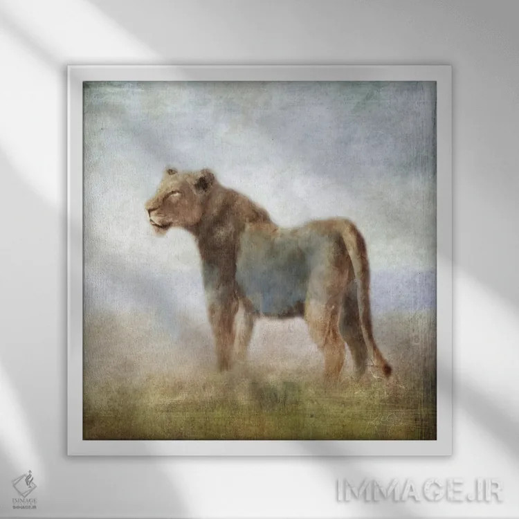 تابلو دکوراتیو شیر ماده مجموعه سرنگتی اثر کاترینا جونز - نمای قابدار سفید