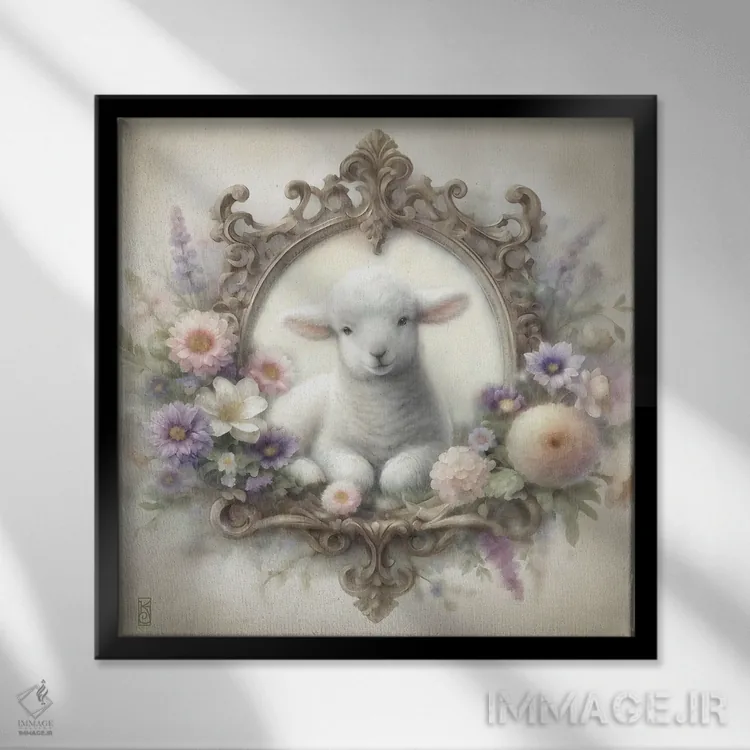 تابلو دکوراتیو بره و گل های کلبه اثر کاترینا جونز - نمای قابدار مشکی