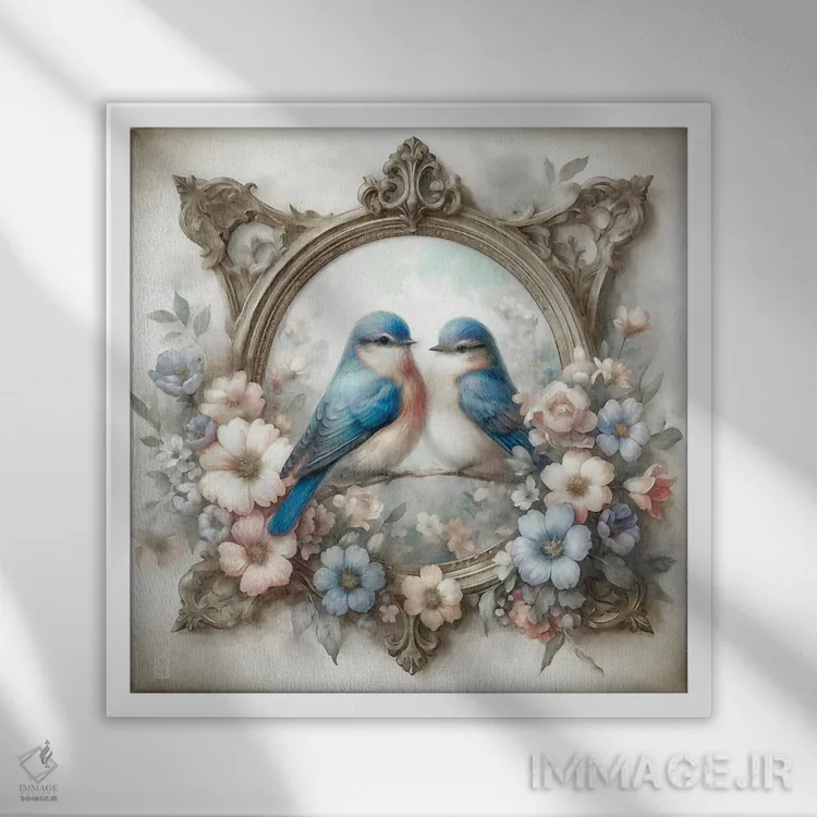 تابلو دکوراتیو پرندگان آبی و گل های کلبه اثر کاترینا جونز - نمای قابدار سفید