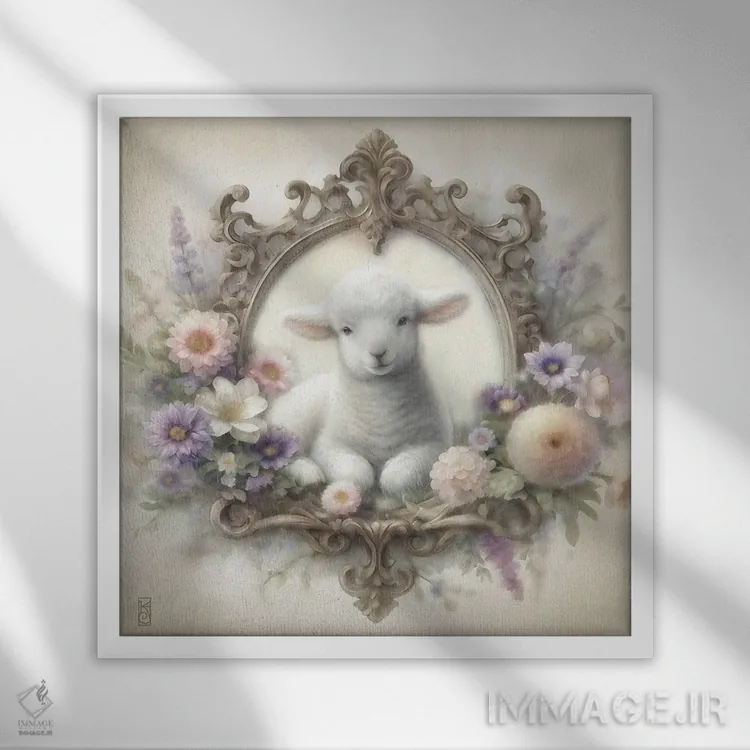 تابلو دکوراتیو بره و گل های کلبه اثر کاترینا جونز - نمای قابدار سفید