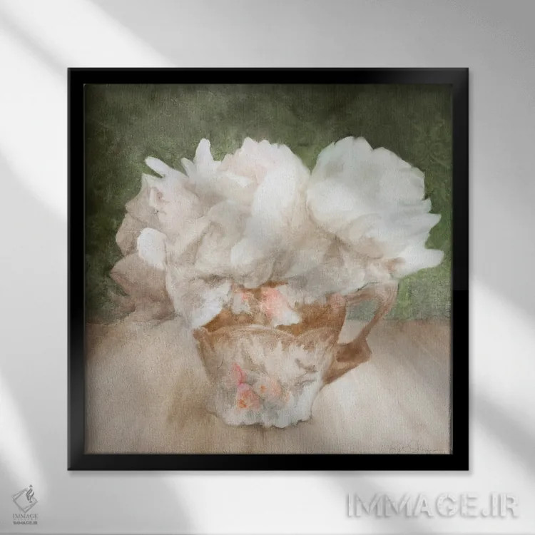 تابلو مدرن گل های سفید پرچین در فنجان چینی اثر کاترینا جونز - نمای قابدار مشکی