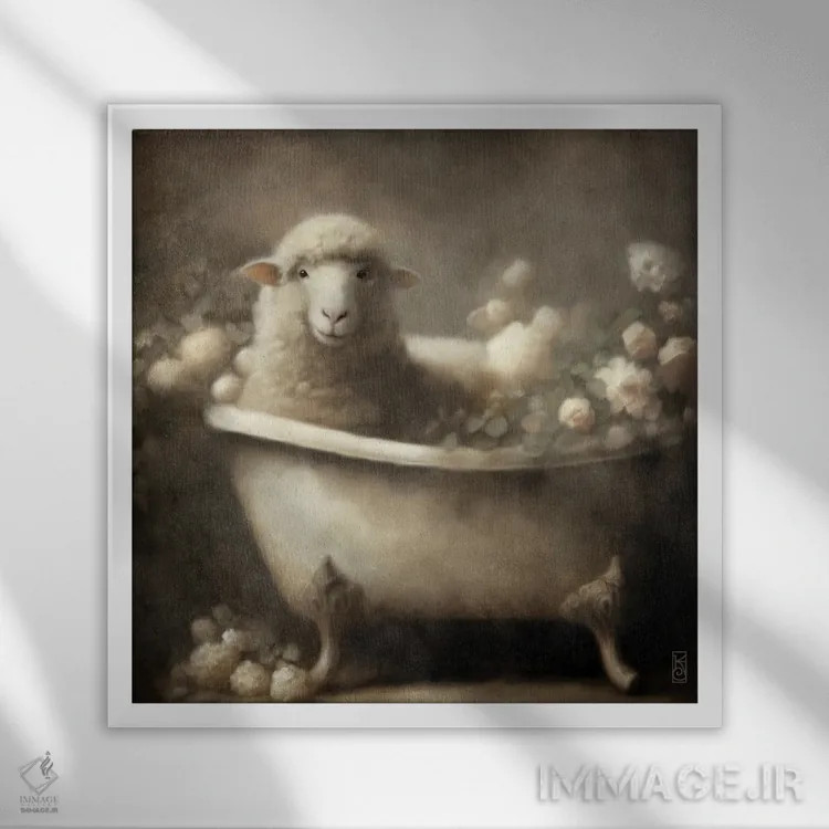 تابلو دکوراتیو گوسفند زیبای در حال حمام اثر کاترینا جونز - نمای قابدار سفید