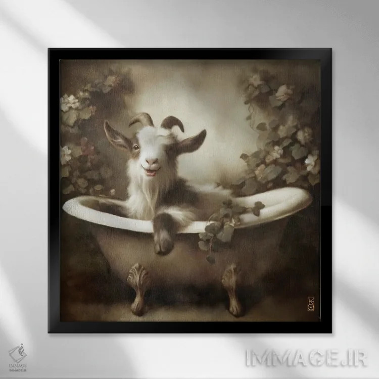 تابلو دکوراتیو بز زیبای در حال حمام اثر کاترینا جونز - نمای قابدار مشکی